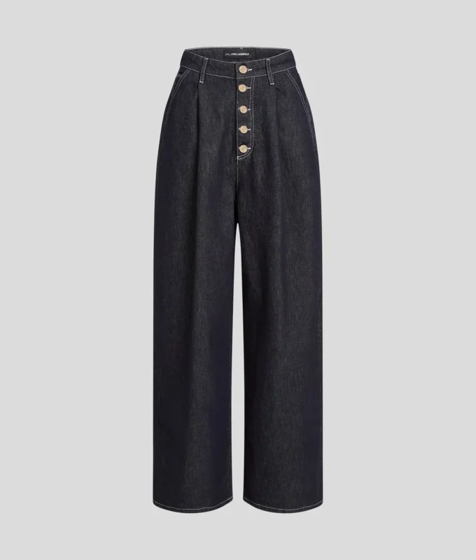 JEANS MED KNAPLUKNING OG BREDE BEN