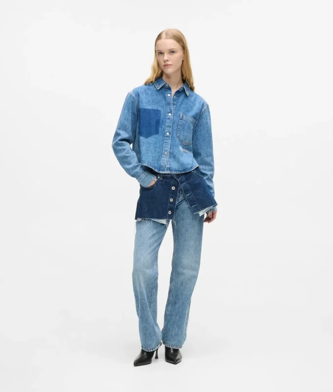 Lagdelte jeans med høj talje og lige ben