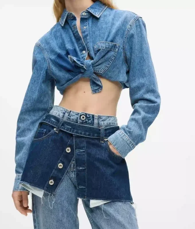 Lagdelte jeans med høj talje og lige ben