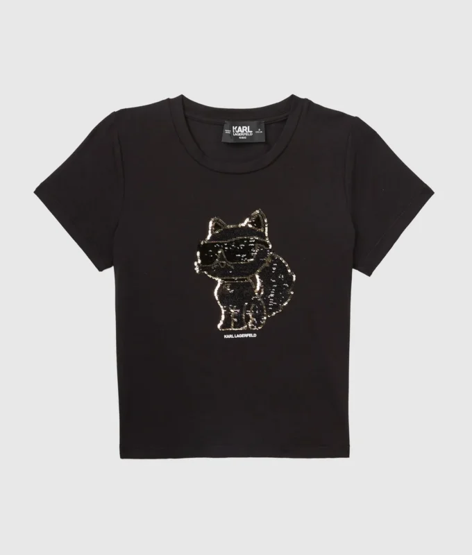 Pige-T-shirt med pailletter og Ikon Choupette-motiv